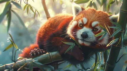 Red panda in bamboo tree  a detailed and vibrant depiction of a charming moment in nature