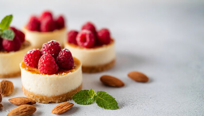 mini cheesecakes adorned with raspberries & almond flakes, sugar-free, on bright white background