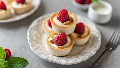 mini cheesecakes adorned with raspberries & almond flakes, sugar-free, on bright white background