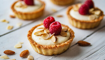 mini cheesecakes adorned with raspberries & almond flakes, sugar-free, on bright white background