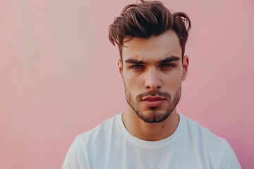 Obraz premium Thoughtful Handsome Young Man on a Pink Background. Generative AI.