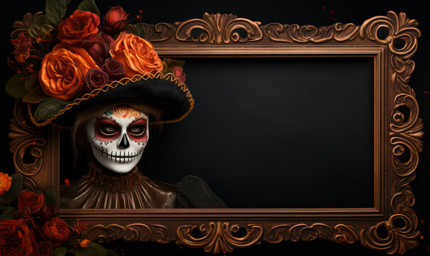 Empty photo frame, surrounded with Offering of a skull, flowers, and candles in the celebration of the dia de los muertos, mockup, Halloween, copy space