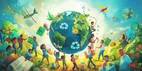 A digital illustration of a globe with symbolic icons of recycling, solar energy, and water conservation, surrounded by diverse groups of students engaging in environmental activities.