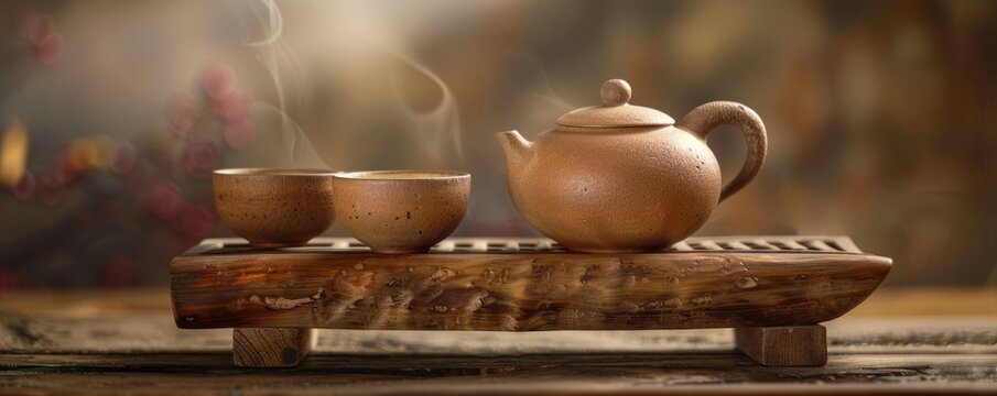 Traditional asian tea set with steaming teapot