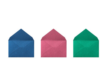 Clipping of open dark blue, bluish pink, and green envelopes lined up