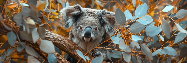 Enchanting koala in eucalyptus tree, with fluffy ears, in a photorealistic wide angle low angle shot - obrazy, fototapety, plakaty