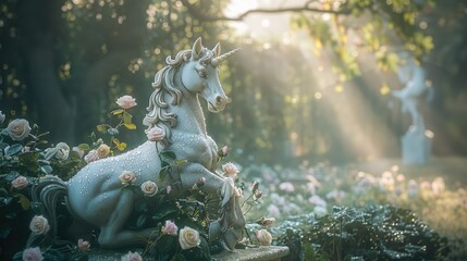 Sunrise Serenity in a Secret Garden with a Marble Unicorn