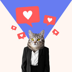 Contemporary art collage in abstract magazine design. Marketing worker, influencer human body with cat head with like simbols. Social media content, internet, social approval concept