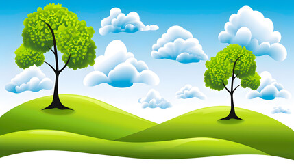 Cartoon-like stylized trees standing on rolling green hills against a blue sky with puffy clouds.

