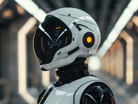 A robot with a helmet on its head. The robot is white and black