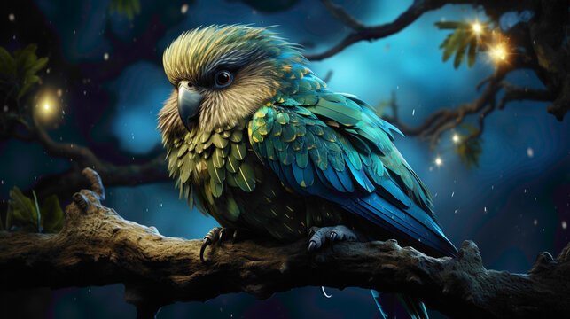 The majestic Kakapo, a nocturnal parrot, peacefully resting on a tree branch with its endearing owl-like features highlighted in moonlight.