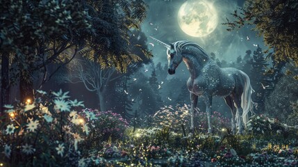 Sunrise Serenity in a Secret Garden with a Marble Unicorn - obrazy, fototapety, plakaty