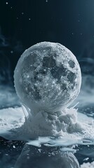 Ice sphere resembling the moon on a dark background - obrazy, fototapety, plakaty