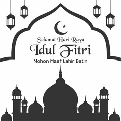 Selamat Hari Raya Idul Fitri. Translation: Happy Eid al-Fitr. Islamic background design for Eid al-Fitr greeting cards or social media posts.