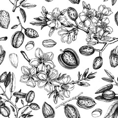 Almond seamless pattern. Spring background. Floral texture. Blooming branches, nuts, flower  sketches. Hand-drawn vector illustration. NOT AI generated - 775011361