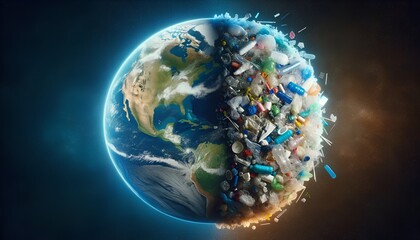 Earth from space with various plastic waste on the one side for earth day celebration. - obrazy, fototapety, plakaty