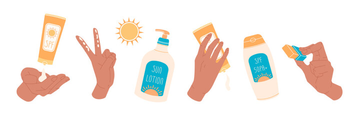 Sun protection set on white background. Spf products in hands collection. Sunscreens bottles.
