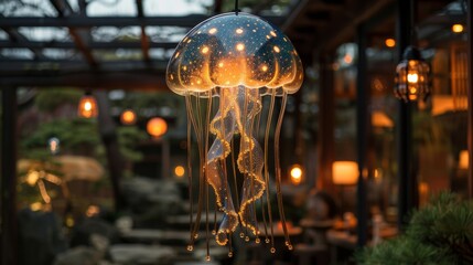 Illuminated jellyfish-shaped pendant light in a cozy garden setting - obrazy, fototapety, plakaty