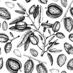 Almond seamless pattern. Healthy food background. Almond nut tree sketches. Hand-drawn vector illustration. NOT AI generated
