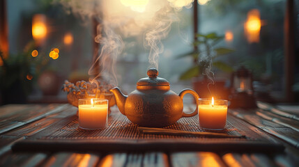 Traditional teapot with candles on a wooden table - obrazy, fototapety, plakaty