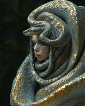 Gorgon, Mythical Creature.  image of beautiful medusa gorgon. woman snake hybrid with menacing scary venomous snakes for hair, beautiful