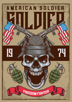 Vector Illustration of Skull Wearing Soldier Helmet with America Flags, Guns, and Grenades with Vintage Illustration Available for Vintage Poster