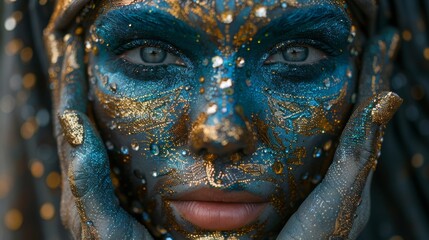 Blue and gold venetian mask with glitter and bokeh