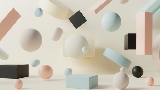 3D render of multiple different sized and shaped matte plastic minimalistic objects in different shapes floating in space, rigid body, all pastel colors with some black accents on a light background