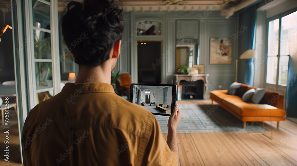 Wall mural rear view of a man uses a phone with augmented reality technology. visualization of the interior of 