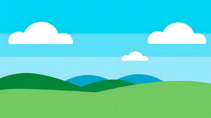Fototapeta premium Minimalist design of smooth green hills under a blue sky with fluffy white clouds, in a calm and clear day. 