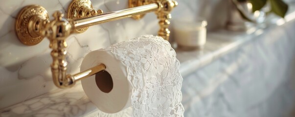 Elegant bathroom with lace-covered toilet paper on golden holder - obrazy, fototapety, plakaty