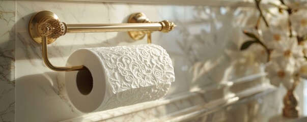 Elegant bathroom with lace-covered toilet paper on golden holder
