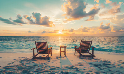 sunset time at the beach and sea view with wooden chair. - 775013191