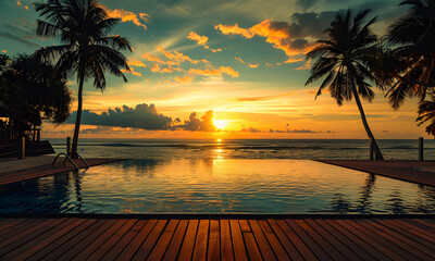 sunset and sea view form swimming pool in front of the beach - 775013357