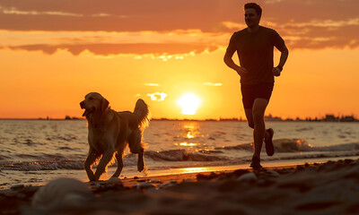young man jogging on the beach with a golden retriever dog in silhouette at the sunset time. peace full beach sunset time vibe - 775013520