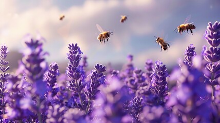 Aromatic Lavender Field Landscape with Bees Pollinating. - obrazy, fototapety, plakaty