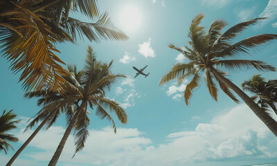 A view of an airplane flying across the clear sky and coconut trees - 775013713