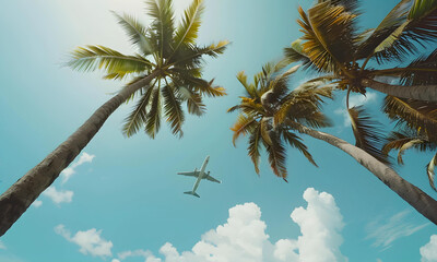 A view of an airplane flying across the clear sky and coconut trees - 775013744