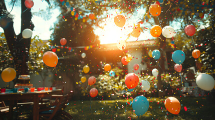 A bunch of colorful balloons are floating in the air, creating a festive atmosphere. Birthday concept 