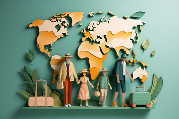 Travel around the world banner design by paper cut, minimal flat design style, journey, vacation, tourist concept, papercut illustration