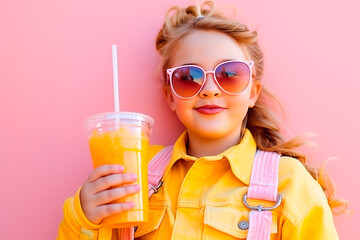 Plump girl with soda in a plastic glass on a pink background, problem of excess weight in children,...