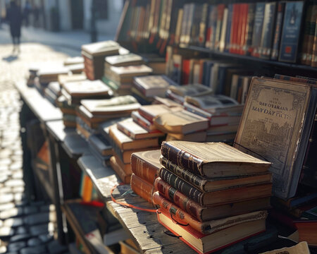 A table full of books. Antique bookstore displaying old books on the street