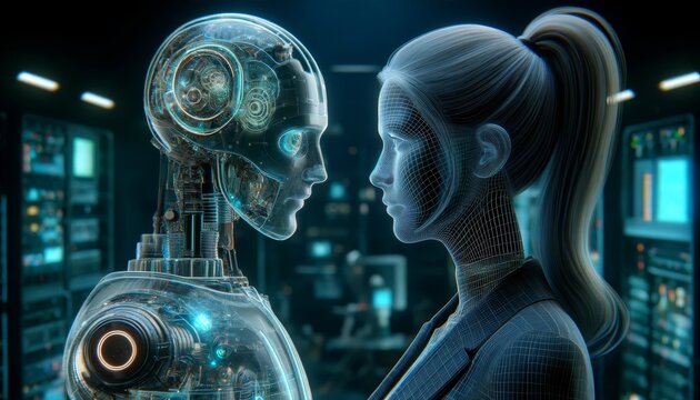 Futuristic human-robot interaction in a digital environment, highlighting AI collaboration and technological advancements for innovation.