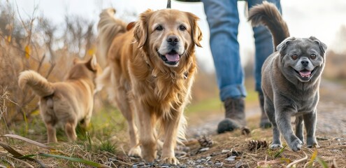 Golden Retriever and British Shorthair accompany their owne