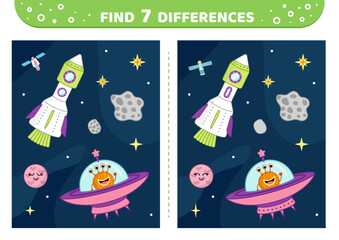 Rocket in space, ufo, planet. Find 7 differences. Space game. Flat, cartoon, vector