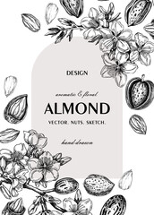 Almond nut frame, spring design. Blooming branches, nuts, flower sketches. Hand-drawn vector illustration. Greeting card or invitation template .  NOT AI generated - 775014766