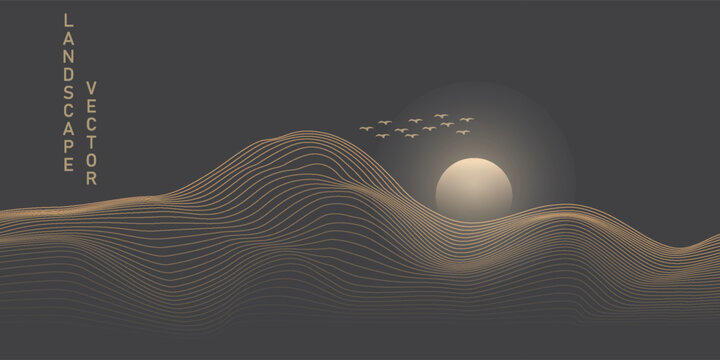 Vector abstract art Mount Fuji Japan landmark, landscape mountain with birds and sunrise sunset by gold line art texture isolated on dark grey black color background. Minimal luxury style