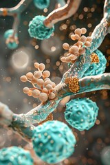 Neutrophils attacking fungal infection, macro shot, warm teal and gold assault, high detail, immune battleground , high detailed , graphic design - obrazy, fototapety, plakaty