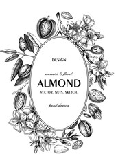Almond nut wreath design.Blooming branches, nuts, flower sketches. Hand-drawn vector illustration. Botanical background. NOT AI generated