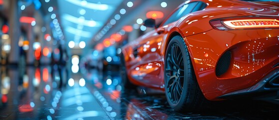 High-End Car Dealership with Sleek Models in Soft Lighting The blurred edges of luxury vehicles hint at speed